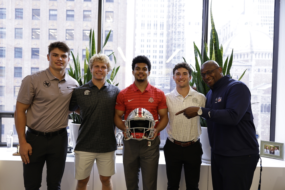 Ohio State football student-athletes participate in an NFL College Outreach Program with Executive Vice President of Football Operations Troy Vincent at NFL&#x2019;s headquarters.
